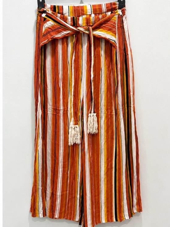 Simplee Apparel Pants - Simplee Striped Wide Leg Pants Orange Tie Waist Tassel Boho Size Large
